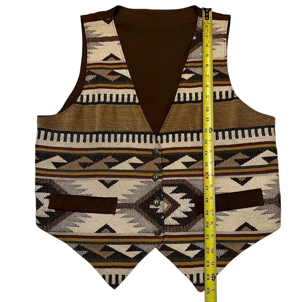 Southwestern Aztec Geometric Pattern Tapestry Vest Brown Button Front Size‎ XL